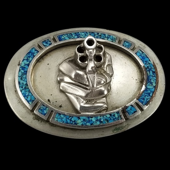 Oval Western Hand Gun Revolver Turquoise Inlay Belt‎ Buckle USA Made By W